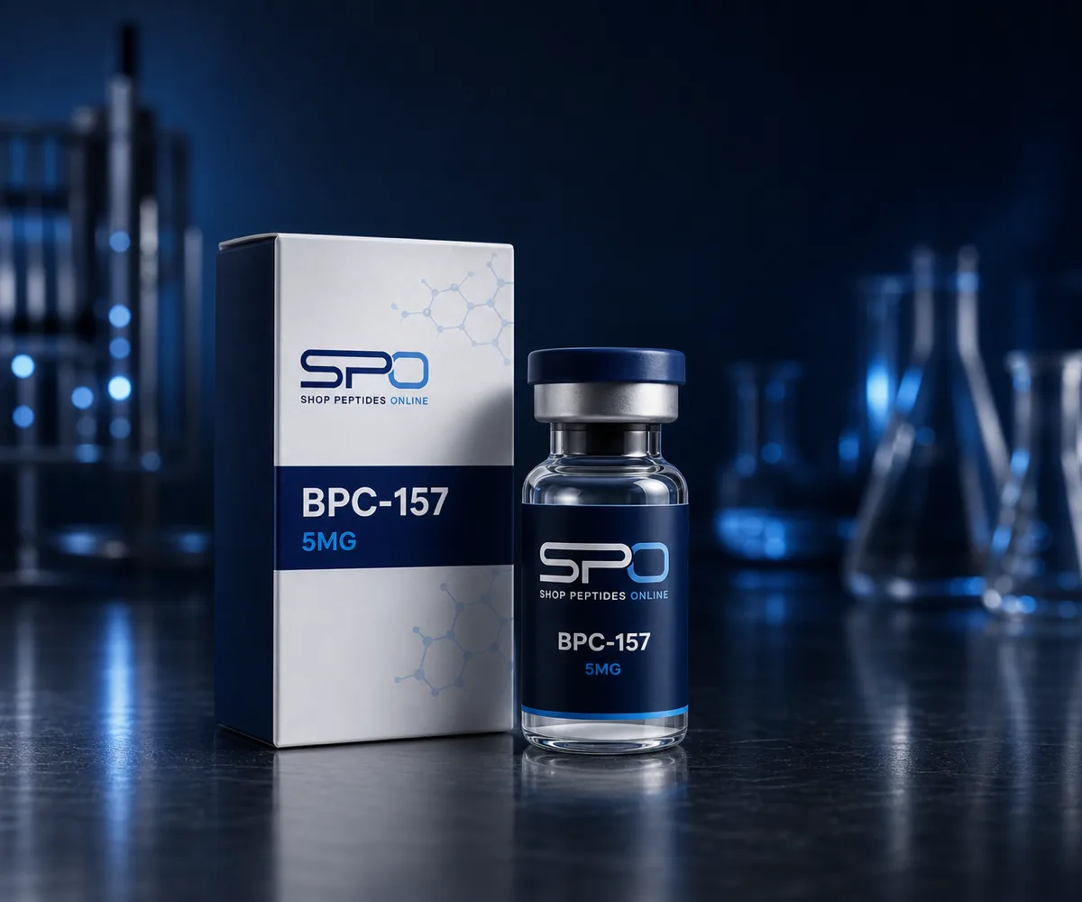 Shop Peptides Online research peptide packaging and vial in a laboratory